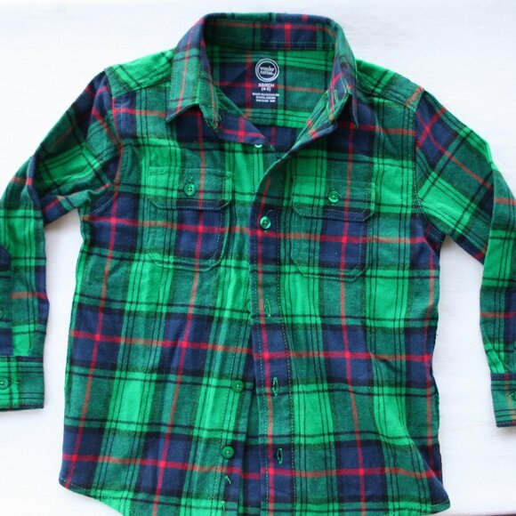 GREEN FALL FLANNEL BUTTON DOWN SHIRT PLAID BOYS 4 5 XS WARM AUTUMN LAYERING TOP - Picture 5 of 12